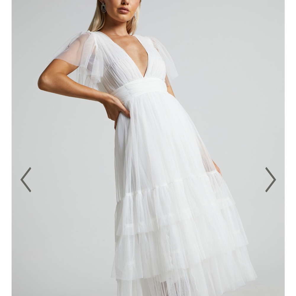 Showpo White Tiered Flutter Sleeve Wedding Gown